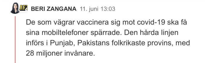 Skärmdump av text från forum: diskussion om spärr av mobiltelefoner för de som vägrar covid-19 vaccin i Punjab.