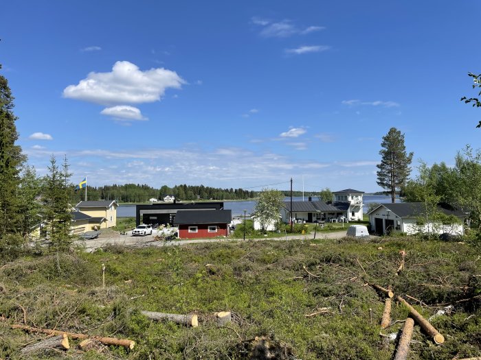 Utsikt från en ögonhöjds-marknivå över en tomt mot hus och vatten.