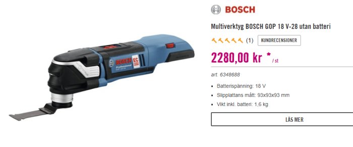 Bild på ett batteridrivet multiverktyg Bosch GOP 18 V-28 utan batteri, med pris och produktinformation.