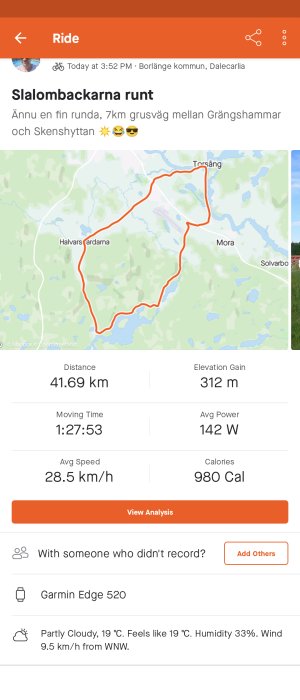 Cykeltur runt Slalombäckarna visar väg, distans 41,69 km, höjdskillnad 312 m, och cykeldata.
