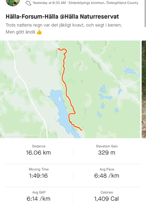 Karta med löprunda markerad i rött genom Hälla Naturreservat, 16.06 km med höjdvinst och tidsdata.