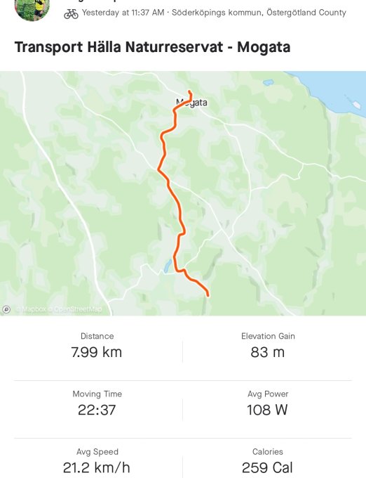 Kartskärm med en cykelrutt från Hälla Naturreservat till Mogata, 7.99 km lång, 83 m höjdökning och cykeldata.