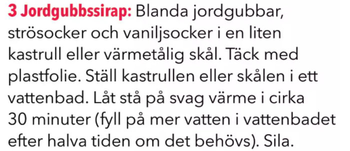Textrecept på jordgubbssirap med instruktioner om blandning och värmning i vattenbad.