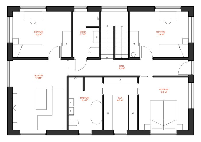 Arkitektonisk ritning av ett hus med öppen planlösning, märkta rum inklusive allrum, sovrum och badrum, avsett för en familj.