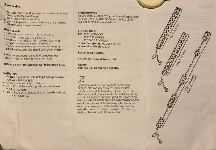 Instruktionsmanual från IKEA som visar max antal ihopkopplade eluttag och sopkorgssymbol som indikerar avfallsinstruktioner.