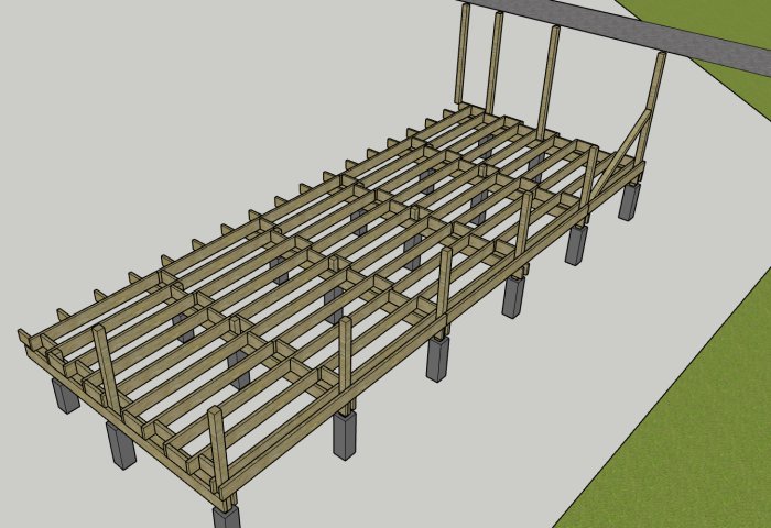 3D-ritning av ett pågående altanbygge med bärlinor, bjälklag och plintar.