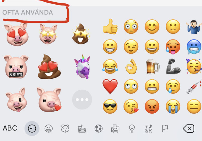 Skärmdump av "ofta använda" emojis med en markering runt gris-emojin på en smartphone.