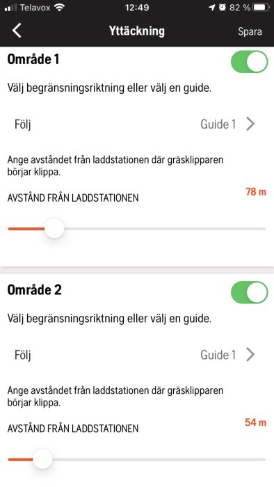 Skärmdump av gräsklippningsapp visar inställningar för startpunkter vid område 1 och 2.