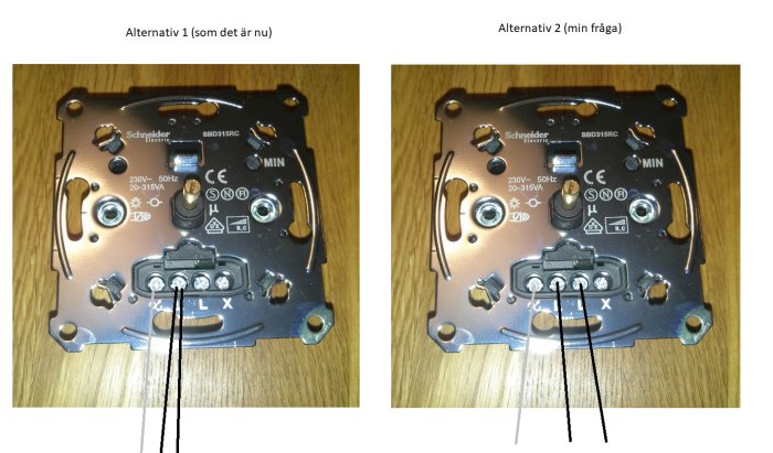 Jämförelse av två Schneider-dimmerinstallationer med olika kabelanslutningar till L-terminaler.