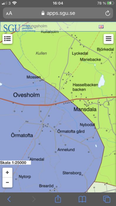 Skärmdump av en karta från SGU med geografiska platser som Ovesholm och Örmatofta markerade.