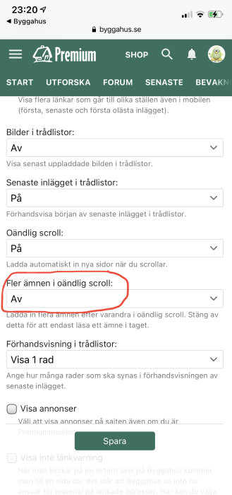 Skärmdump av inställningar för forumnavigering, markerande alternativet "Fler ämnen i oändlig scroll".