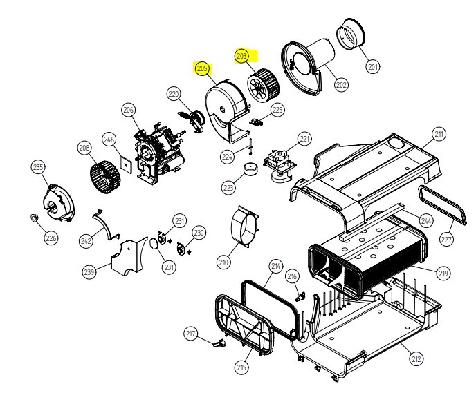 Exploded view diagram of machinery parts labeled with numbers, highlighting fans number 203 and 205.