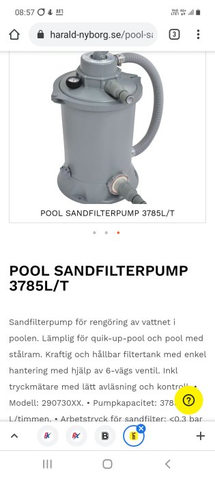 Pool sandfilterpump 3785L/T, grå med slangar och mätare, för rengöring av poolvatten.