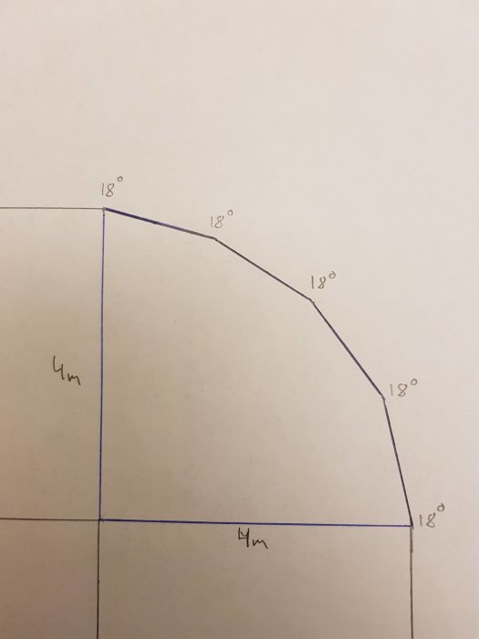 Käsin piirretty terassin rakennussuunnitelma, jossa näkyy viisi 18° kulmaa ja 4m x 4m mittaukset talon kulman ympärillä.