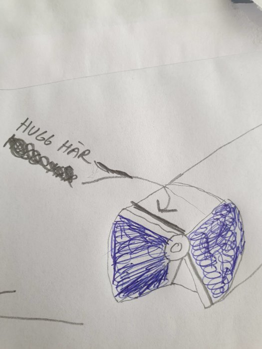 Handritad skiss av en skärvinkel på ett verktyg med markering där man ska hugga för skärets kant.