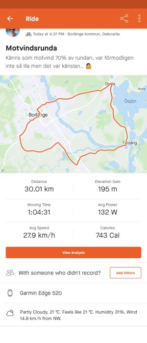 Skärmdump av cykelaktivitet med rutt och statistik i Borlänge kommun, innehåller distans, tid och kaloriförbrukning.