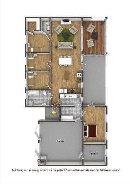 3D-planritning av ett hus med markerade rum, möblering, och en carport.