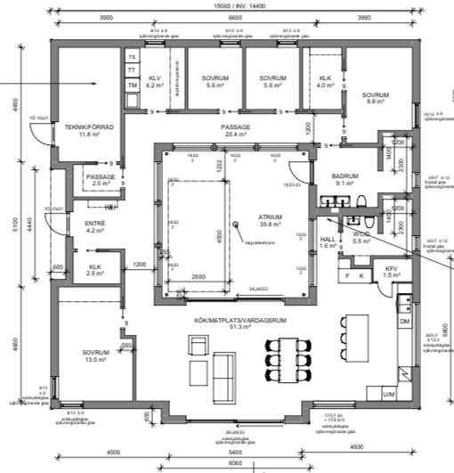 Ritning av ett hus med detaljerade rumslayouter, inklusive kök och vattenledningar.