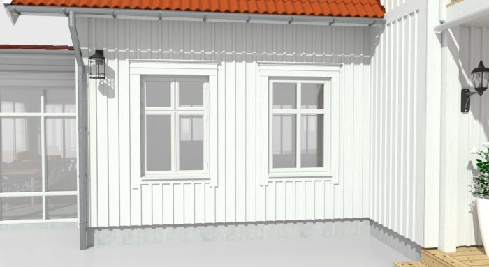 3D-rendering av ett vitt hus med två traditionella flaggfönster vid en trädäck.