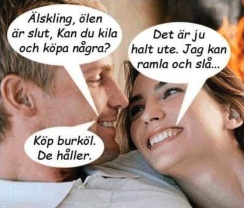 Illustration av ett skämtande par som diskuterar ölköp med pratbubblor.