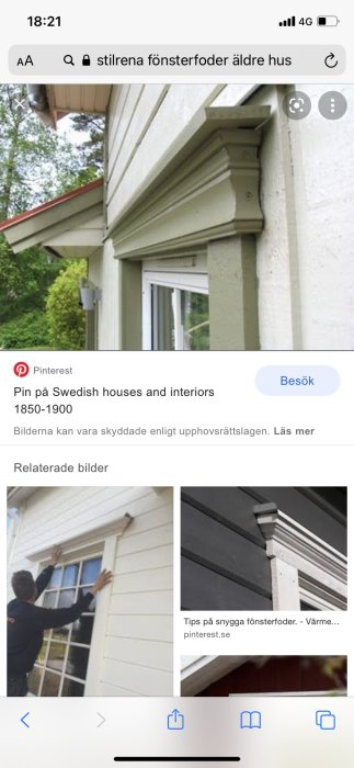 Detaljvy av vita, stilrena fönsterfoder på ett äldre hus med öppet fönster och person som sätter upp fönsterfoder.