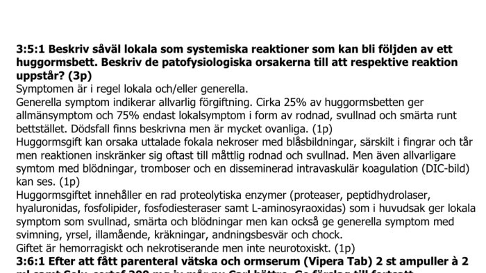 En textbeskrivning av symtom och patofysiologi relaterade till huggormsbett från ett foruminlägg.