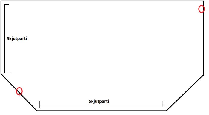 Ritning av uterum med markerade förslag på ventilationsplacering vid skjutpartier, röda cirklar visar positioner.