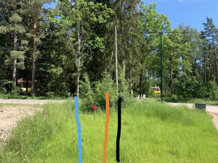 Markeringar i olika färger på foto av tomtgräns och planerad häckplacering, med natur och väg i bakgrunden.