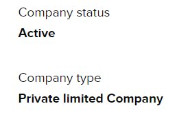 Skärmdump från Companies House visar aktiv företagsstatus och bolagstyp som ”Private limited Company”.