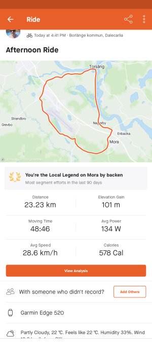 Skärmdump av en cykelaktivitet med karta, statistik inkluderar 23,23 km distans, 48:46 rörelsetid, och 578 förbrända kalorier.