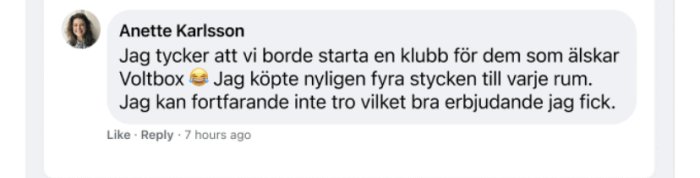 Skärmdump av ett inlägg där Anette Karlsson föreslår att starta en klubb för Voltbox-älskare.