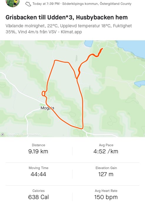 Karta med löprunda på 9.19 km markerad med orange linje, statistik visar tid och tempo.