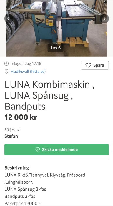 Blå LUNA kombimaskin för snickeri, inklusive rikthyl och fräsbord, till salu.