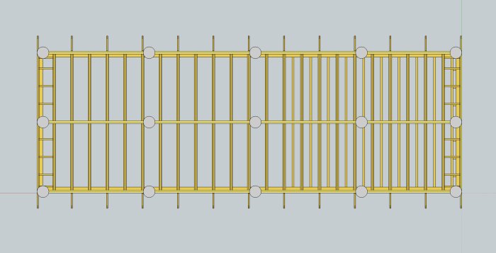 Skiss i SketchUp av en stomme till ett fritidshus med dimensioner 4800x14000 mm.