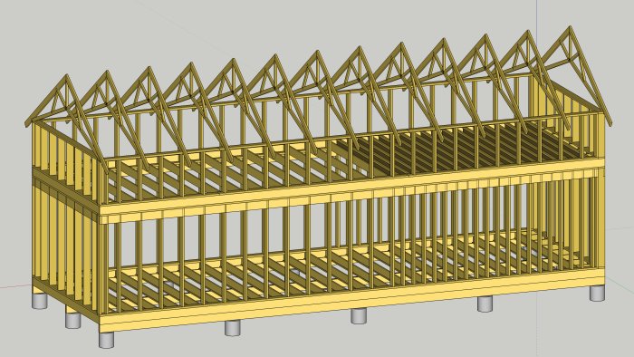 3D-skiss av stommen till ett fritidshus konstruerat i lösvirke.