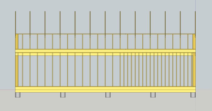 Skiss i SketchUp av en väggstomme för ett fritidshus med synliga bärlinor, bottenbjälklag och vertikala stolpar.