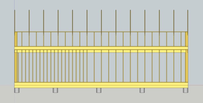 Skiss i Sketchup av en stomme till fritidshus utan fönster och dörrar, med dimensioner angett.