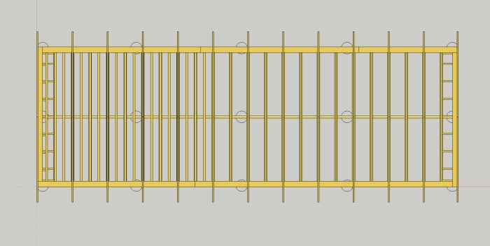 Skiss i Sketchup av en stomme för ett ladhus, inklusive bottenbjälklag och bärlinor, ritad med gula linjer på grå bakgrund.