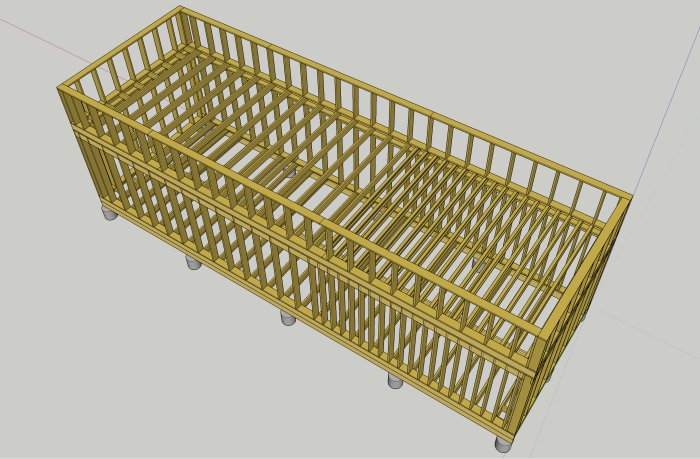 3D-skiss av en stomme till ett fritidshus i lösvirke utan fönster och dörrar.