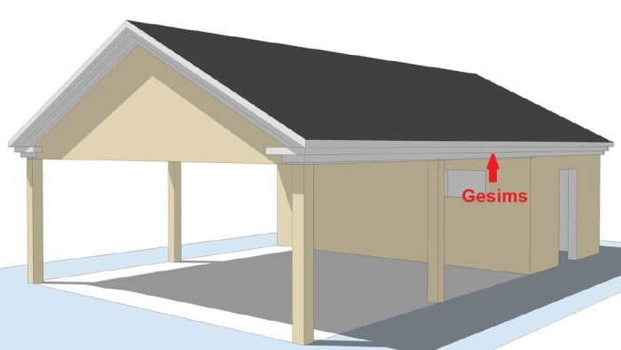 Illustration av en carport med markerad plats för en planerad gesims på limträbalken.