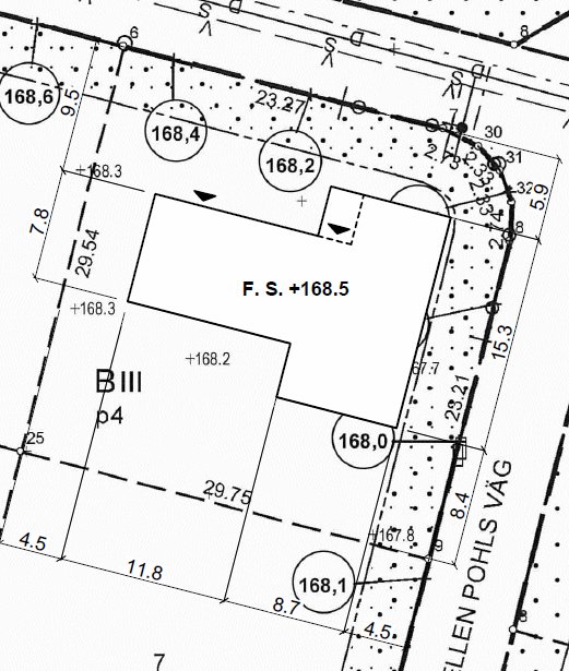 Detaljerad karta över en villatomt med höjdkoder och markanvändningsindikationer, avsedd för byggplanering.