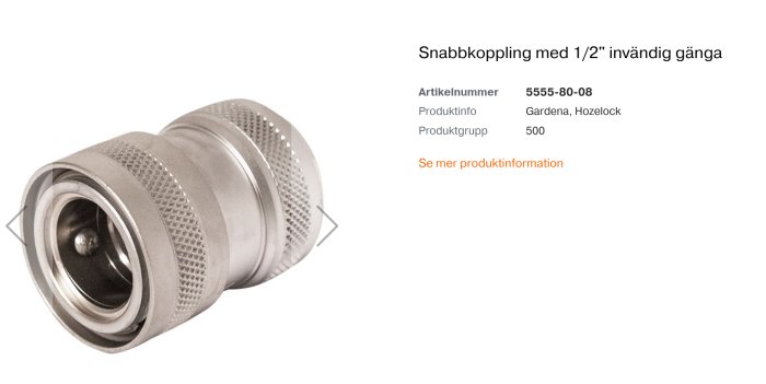 Snabbkoppling för slang med 1/2 tums invändig gänga, av metall, använd för tvättmaskiner.