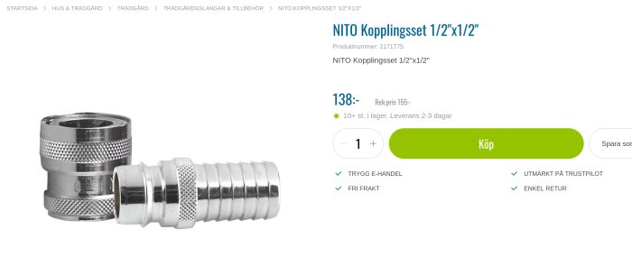 NITO kopplingsset i metall för röranslutning, avskild från produktinformation och köpknapp.
