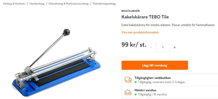 Enkel kakelskärare av märket TEBO Tile för hemmafixaren, pris 99 kr.