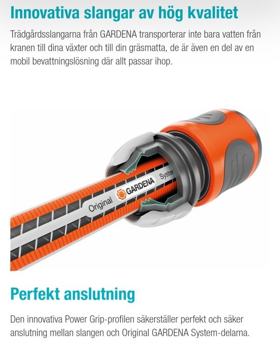 GARDENA trädgårdsslang med rillor och en orange och grå snabbkoppling, kallad Power Grip, som säkrar slangen.