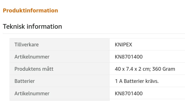 Teknisk informationslista för en produkt från KNIPEX inklusive batterikrav.