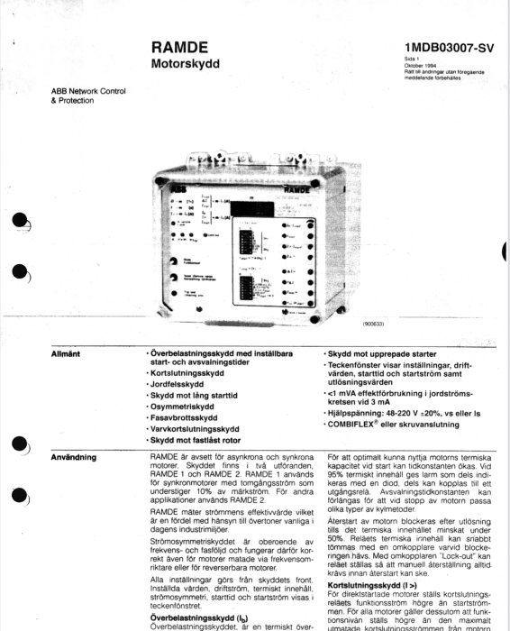 Svartvit bild av ett gammalt ABB RAMDE motorskydd för asynkronmotorer.