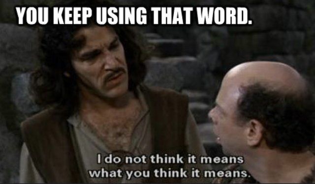 Två karaktärer från filmen "Princess Bride" där en säger "You keep using that word. I do not think it means what you think it means.