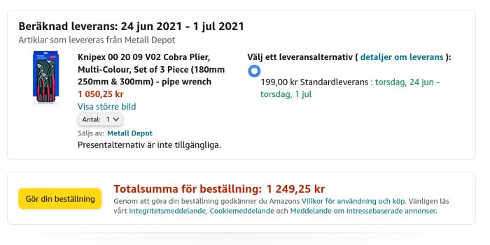 Skärmdump från Amazon med beställning av Knipex tångset, pris och leveransinformation.