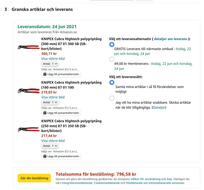 Skärmdump av Amazon-kundvagn med tre KNIPEX polygripstång varor och en summering av totalpriset.